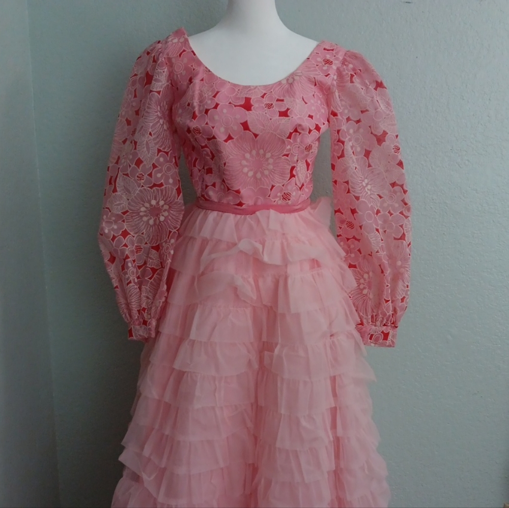 Vintage 60s pink flocked velvet Tiered Maxi Dress sz xs/s